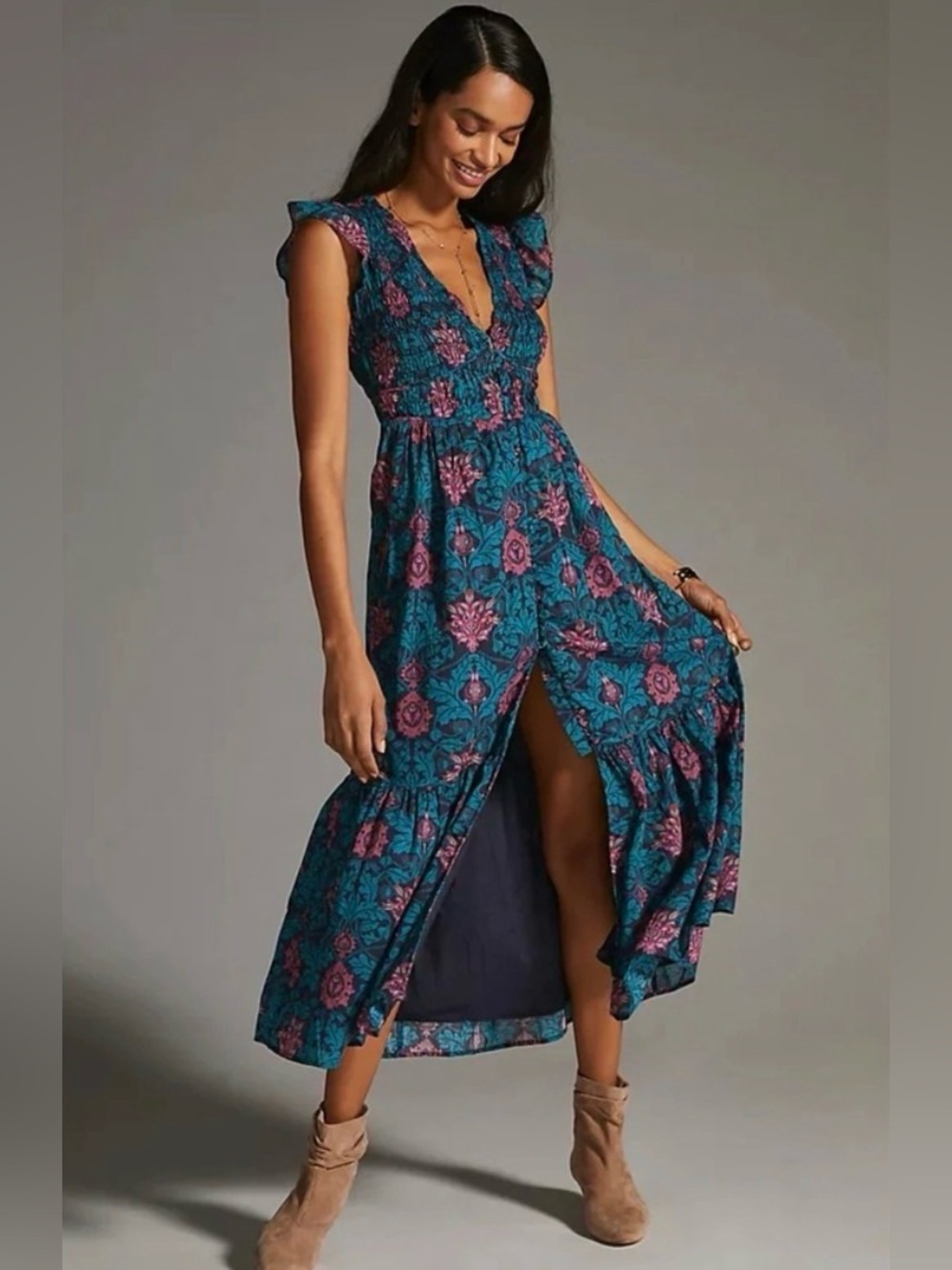 Anthropologie The Peregrine Midi Dress Blue Pink Cotton Flutter Sleeve Sz Small